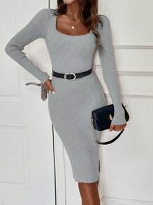 SHEIN Clasi 1pc Women Solid Color Long Sleeve Simple Casual Fitted Sweater Dress - Grey - View 1