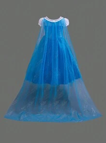 Young Girl Princess Dress With Blue Sequin Short Sleeves, Paired With Fine Mesh Tulle Train, Suitable For Formal Evenings, Galas And Parties, All Seasons - Blue - View 2