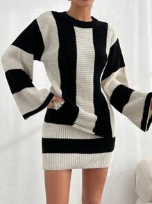 EURMUSE Women Striped Knit Design Oversize Sweater And Knit Skirt Set - Black and White - View 6