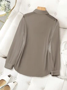 Franclia Áo sơ mi cổ tròn trơn đơn giản trong suốt cơ bản - Màu Khaki - Xem 2