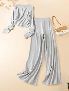 SHEIN BASICS 2 件套女士休闲纯色针织圆领修身长袖 T 恤和高腰直筒裤 - 淺灰色 - 查看 2