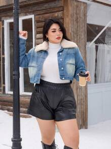 SHEIN EZwear Veste en jean vintage lavée en coton non stretch style Y2K pour femmes grandes tailles, veste en jean thermique avec col en peluche pour femmes pour l'hiver, Noël, Thanksgiving
