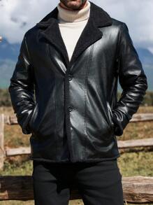 Manfinity Homme 男士前扣长袖休闲冬季夹克，简约日常穿着，外出黑色保暖长袖夹克，适合朋友、丈夫、男朋友的礼物 - 黑色 - 查看 5