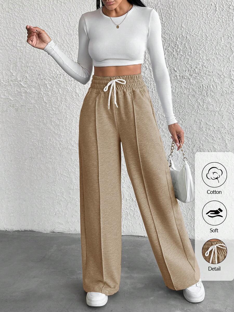Cottnline Petite Drawstring Waist Wide Leg Pants - Camel - View 1