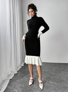 SHEIN Unity Robe longue en maille à col roulé de style français, ajustée à la taille, coupe slim, pour l'automne/l'hiver - Noir - Voir 5