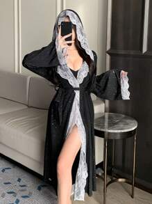 DAZY Women Front-Tie Long Sleeve Casual Romantic Lace Patchwork Satin Robe, Vacation
