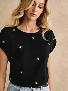 Poéselle Camiseta de algodón bordada casual de verano, versión suelta cómoda y transpirable, camiseta bordada con limones pequeños, adecuada para uso diario, para ir al trabajo, vacaciones y uso en el hogar