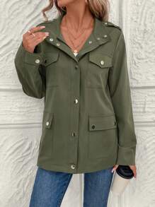 EMERY ROSE Women Casual Multi-Pocket Zip Up Lightweight Jacket, Suitable For Autumn - Army Green - View 4