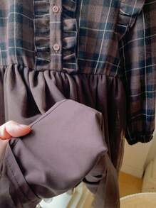 Blossori Robe cardigan en maille contrastée tressée à carreaux élégante marron pour jeunes filles - Café - Voir 7