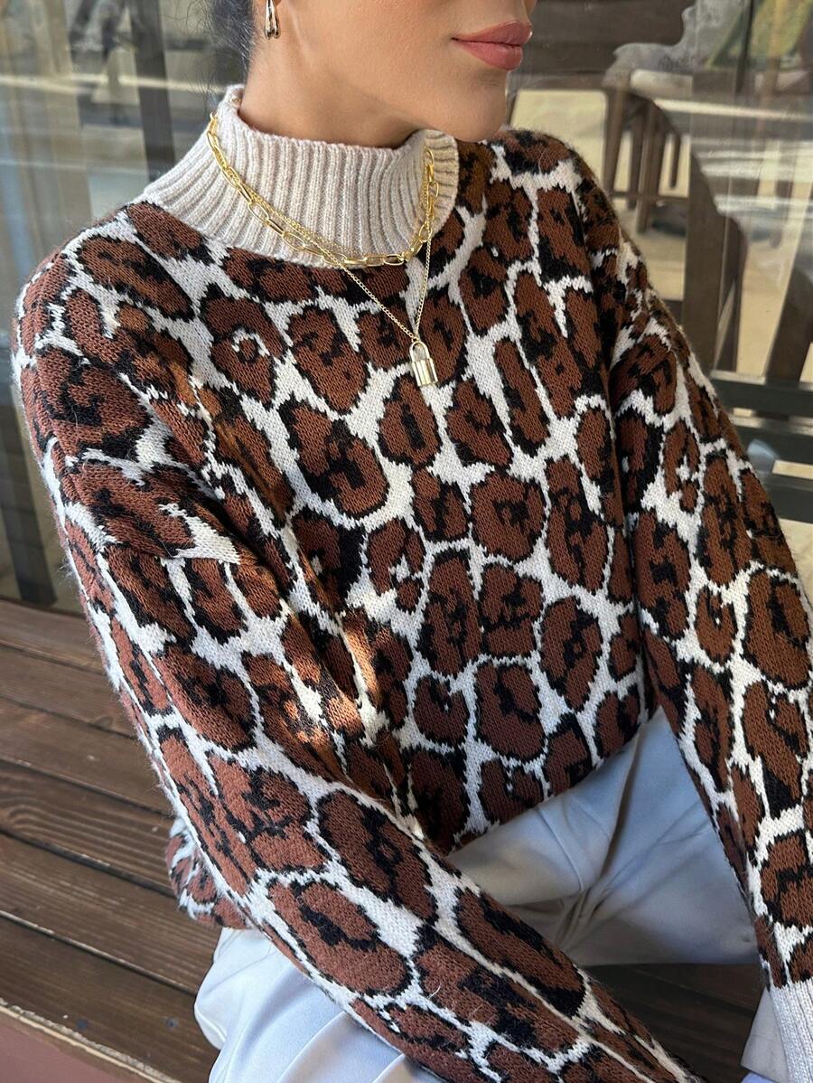 RueChic Women Round Neck Soft Touch Warm Leopard Print Sweater Pullover - Brown - View 1