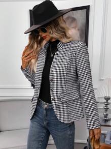 EMERY ROSE Women's Houndstooth Long Sleeve Button Up Jacket - Black - View 1
