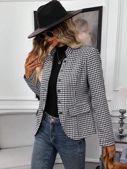 EMERY ROSE Women's Houndstooth Long Sleeve Button Up Jacket