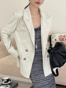 DAZY Plain Textured Loose Women Blazer,Fall Clothes Business Attire - Beige - View 9