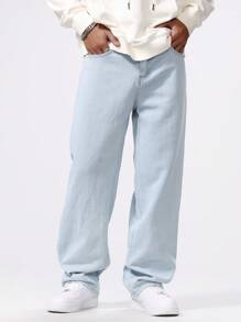 Manfinity Hypemode Pantalones vaqueros casuales de estilo simple con botones delanteros y bolsillos para hombres de talla grande, pantalones vaqueros tipo cargo lavados sencillos y holgados de color azul claro, ideal como regalo para el esposo o novio