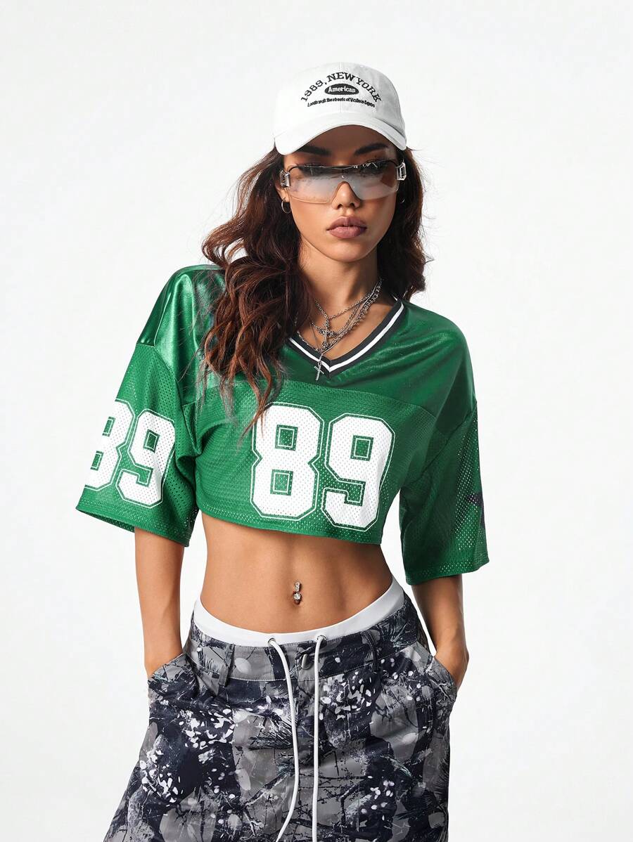 Coolane Áo thun crop top thể thao in số phong cách đường phố giản dị dành cho nữ - màu xanh lá - Xem 1