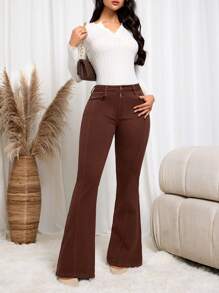 SHEIN Essnce 女士休闲喇叭牛仔裤，带口袋，适合日常穿着 - 咖啡棕 - 查看 7