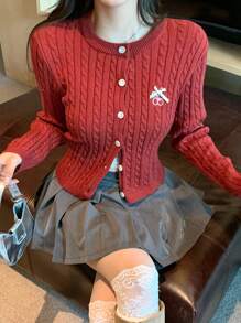 DAZY Textured Cable Knit Embroidery Letter Cardigan Sweater, Christmas Wear For Women ,Holiday