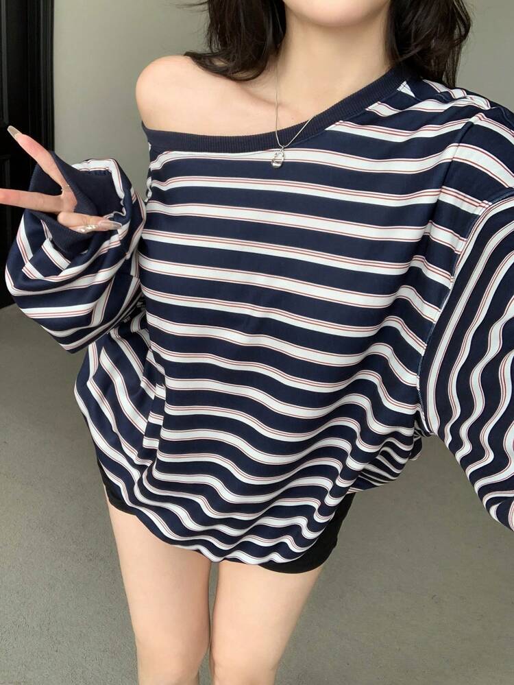 Loose-Fit Color Block Striped Pattern Long Sleeve Sweatshirt For Women,Fall Clothes