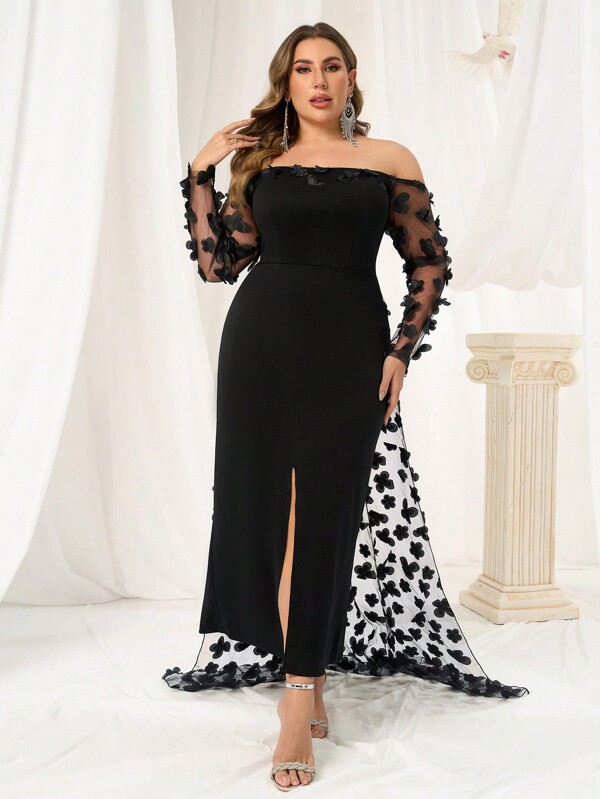 SHEIN Belle Plus Size Elegant Knit Black Contrast Mesh Off Shoulder Long Sleeve Fitted Slit Evening Gown Music Festival Spring/Summer