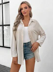 SHEIN LUNE 1 件女式杏色长袖工作衬衫，春季 - 杏色 - 查看 3