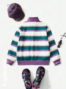 SHEIN Boys' Oversized Striped American Style Jacket, Suitable For Outdoor Hiking, Autumn/Winter
