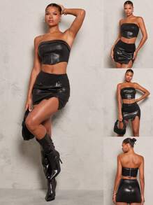 Glamine Ensemble de 2 pièces femme, top bandeau en PU de couleur unie avec ourlet asymétrique et mini-jupe assortie, tenue de fête de Noël - Noir - Voir 1