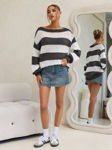 Forever 21 Áo len dài tay rộng rãi họa tiết sọc thả vai cho nữ, mùa thu/đông - Màu xám đen - Xem 7