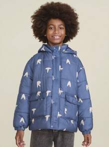 SHEIN Tween Boy Printed Long Sleeve Single-Breasted Hooded Utility Pocket Casual Padded Coat, Autumn/Winter - Blue - View 1
