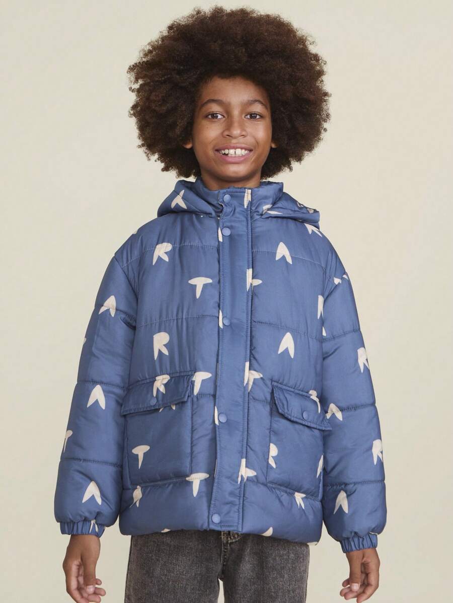 SHEIN Tween Boy Printed Long Sleeve Single-Breasted Hooded Utility Pocket Casual Padded Coat, Autumn/Winter - Blue - View 1