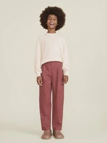 SHEIN Tween Boy Red Casual Everyday Pleated Relaxed Straight Leg Trousers, Autumn/Winter - Brown - View 3