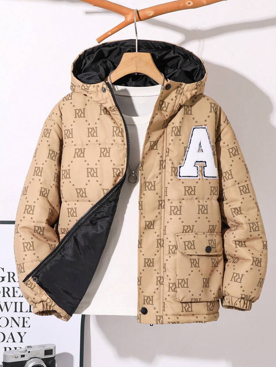 Tween Boy Allover Graphic Casual Bomber Jacket, Suitable For Commuting, School, Daily Casual, College Style, Sports, Autumn/Winter - Brown - View 1