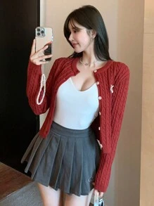 DAZY Textured Cable Knit Embroidery Letter Cardigan Sweater, Christmas Wear For Women ,Holiday