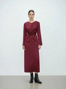 Aalyst Women's V-Neck Satin Crossover Waist Tie Dress, Elegant High-End French Style For Party And Work, Spring/Autumn/Winter For Holiday Party Clothes Maxi Women Outfit