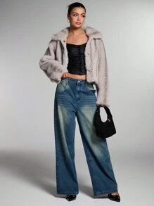 SHEIN BAE 女款冬季短款毛茸茸休閒外套 復古淺灰色動物紋毛皮 優雅晚宴派對聖誕感恩節短版毛絨夾克 - 淺灰色 - 查看 3