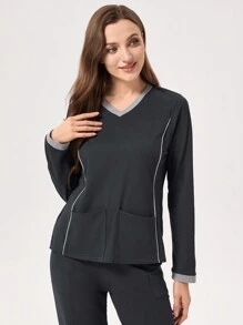 Scrubzie Tricotat cu elasticitate ridicată, care absoarbe umezeala, culoare contrastantă Două buzunare Top pentru uniformă pentru femeie