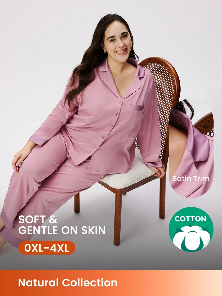 LUVLETTE Autumn And Winter Plus Size Classic Lapel Long Sleeve Trousers Pink Pajamas Suit Luxury Cotton & Imitation Silk Stitching Women's Lounge Sets Pink Lounge Sets Bridal Intimates Fall Pajamas
