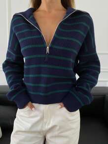 DAZY 休闲条纹半拉链长袖套头衫