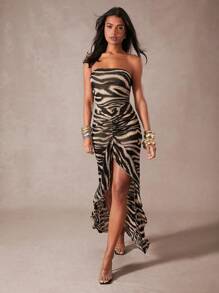 Hauture 斑马纹露肩抹胸褶饰荷叶边高低连衣长裙