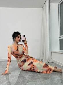 Selianne 1 件女士优雅渐变色长袖修身连衣裙长款女士服装 - 橘色 - 查看 4