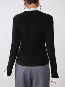 SHEIN Clasi Áo thun nữ mùa thu tay loe xếp nếp ôm sát, chất liệu gân sọc - màu đen - Xem 4