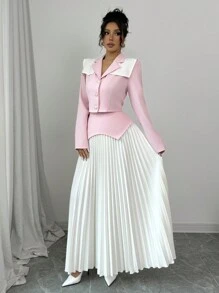 Elenzga Set de 2 piezas para mujer con blusa con bloques de color contrastantes y decoración de botones, y falda plisada de color liso - Rosa - Ver 4