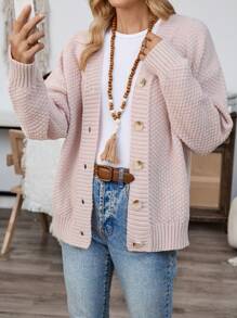 EMERY ROSE Áo len cardigan dài tay màu trơn hở vai đơn giản cho nữ, áo len cardigan màu hồng thu đông - Bụi hồng - Xem 4