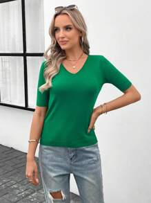 EMERY ROSE Top de punto unicolor de cuello V