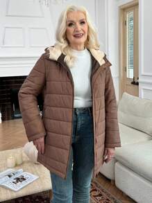 SHEIN LUNE Women Stand Collar Zip Up Simple Design Outerwear Jacket, Suitable For Winter - Coffee Brown - View 1