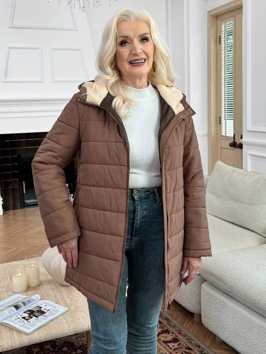 SHEIN LUNE Women Stand Collar Zip Up Simple Design Outerwear Jacket, Suitable For Winter - Coffee Brown - View 1