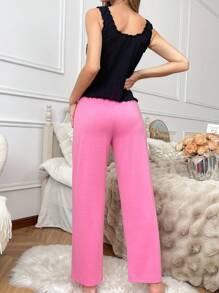 女士可爱小天使提花荷叶边下摆吊带背心和裤子睡衣套装，INS 风格 - 黑色 - 查看 2