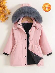 Young Girls Fluffy Collar Pink Windproof Mid-Length Coat - Pink - View 1