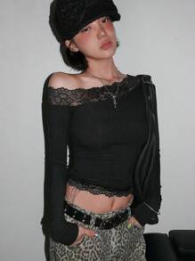 DAZY Women Autumn Contrast Lace Round Neck Long Sleeve Fitted Fashion T-Shirt Festival - Black - View 6