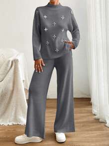 EURMUSE Women Sweater With Pearl Detailed And Knit Pant - Grey - View 4