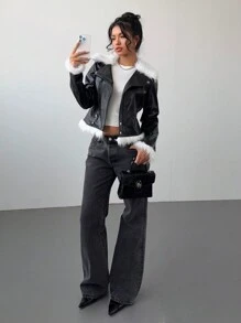 Aloruh 新款秋冬女士 PU 拼接蓬蓬领皮夹克